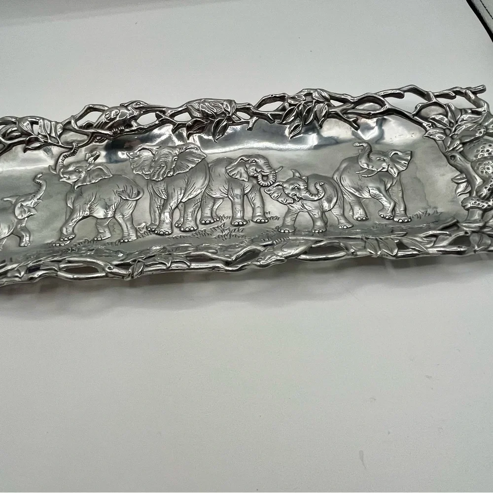 1997 Arthur Court Aluminum Jaguar , Elephant, Bird Tray 7/19 Inch